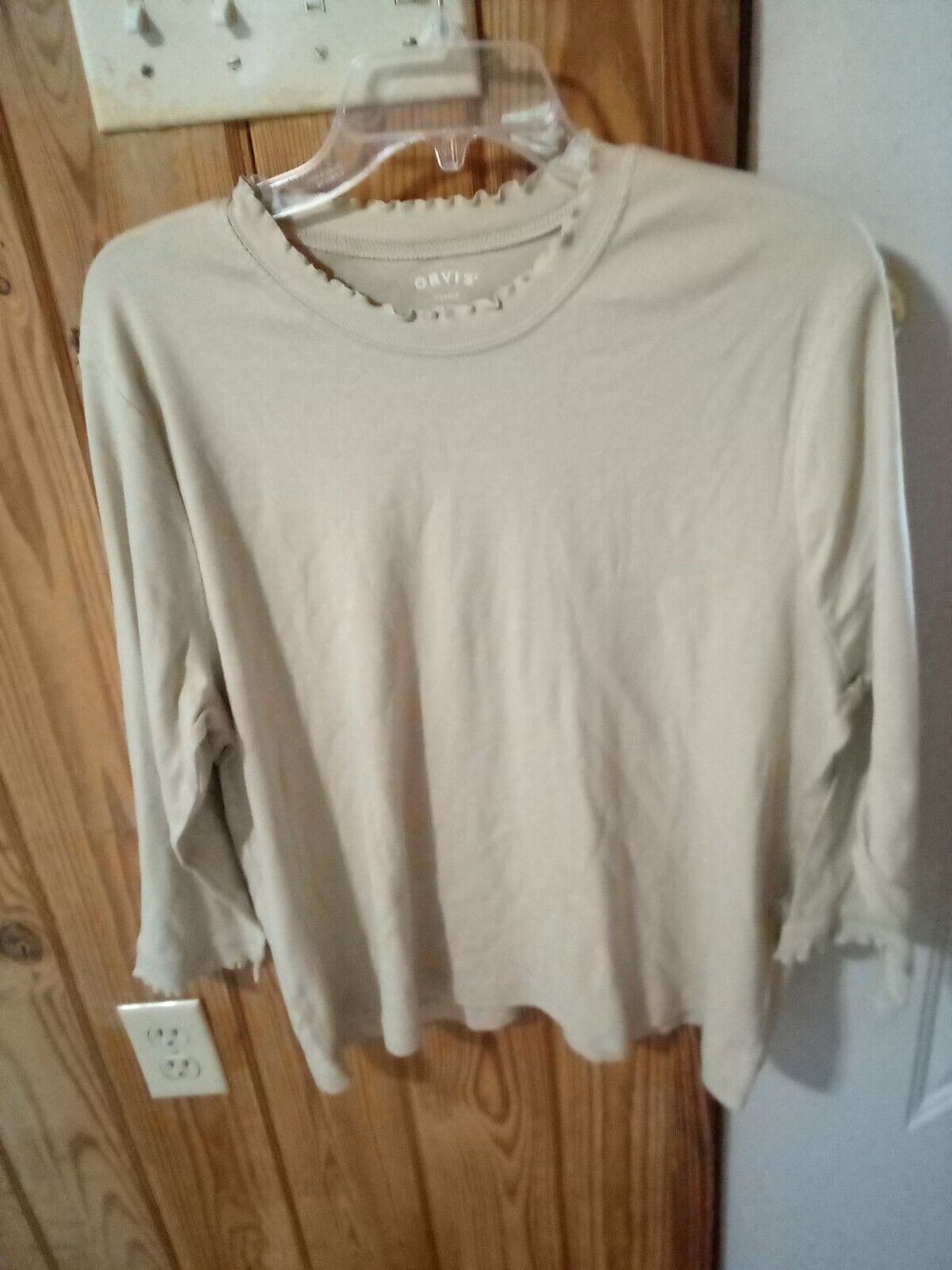 Orvis Shirt Womens XL Beige Cotton 3/4 Sleeve Pullover Crew Neck